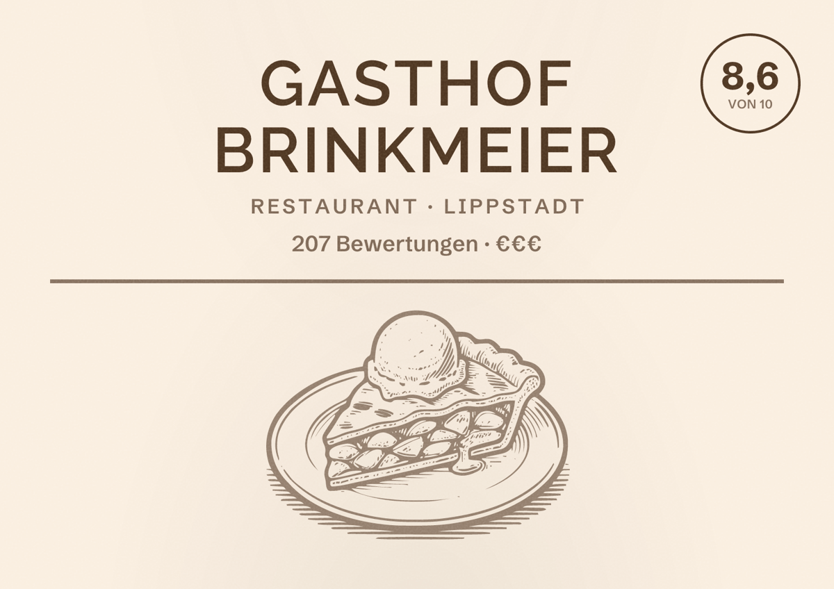 Illustriertes Poster von Gasthof Brinkmeier, Restaurant in Lippstadt: Bewertung 8,6 von 10 aus 207 Bewertungen, Preisniveau €€€