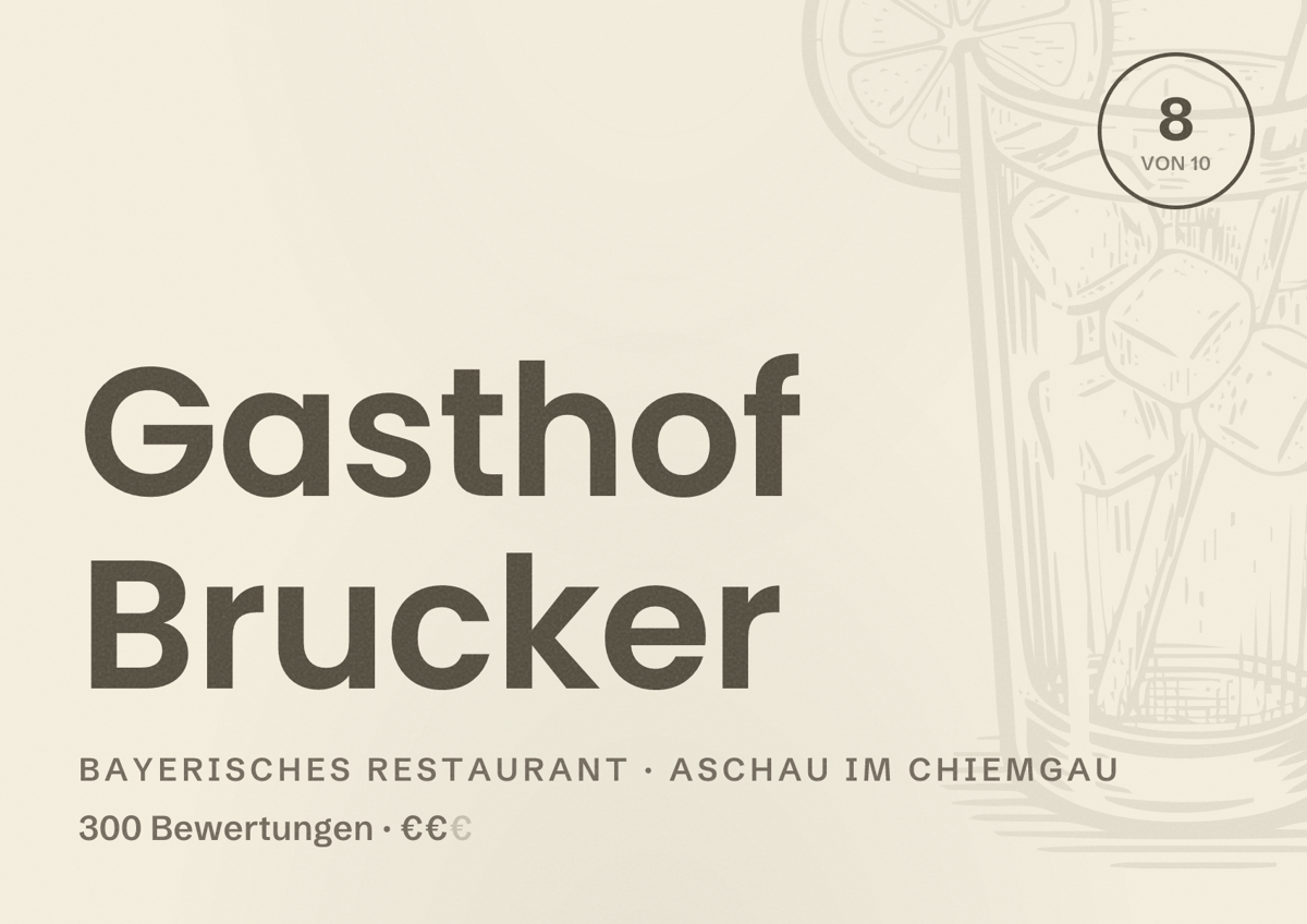 Illustriertes Poster von Gasthof Brucker, Bayerisches Restaurant in Aschau im Chiemgau: Bewertung 8 von 10 aus 300 Bewertungen, Preisniveau €€