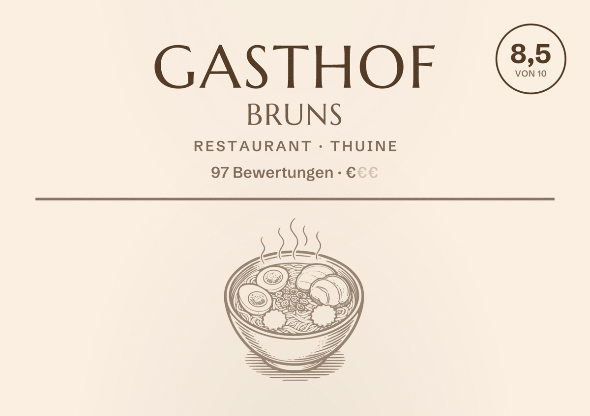 Illustriertes Poster von Gasthof Bruns, Restaurant in Thuine: Bewertung 8,5 von 10 aus 97 Bewertungen, Preisniveau €