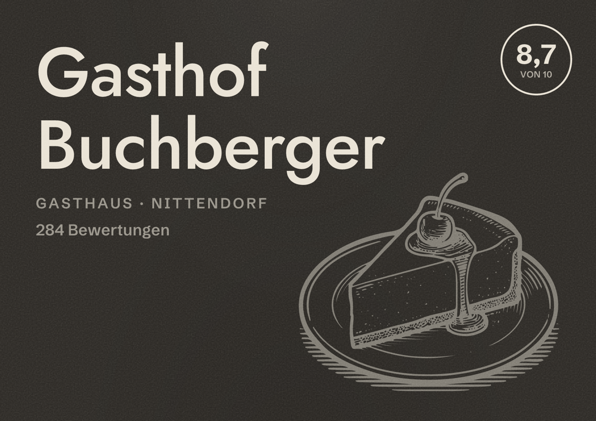 Illustriertes Poster von Gasthof Buchberger, Gasthaus in Nittendorf: Bewertung 8,7 von 10 aus 284 Bewertungen
