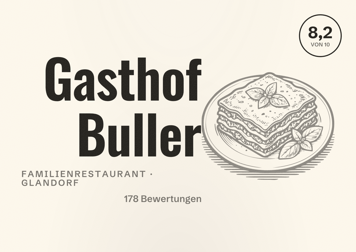 Illustriertes Poster von Gasthof Buller, Familienrestaurant in Glandorf: Bewertung 8,2 von 10 aus 178 Bewertungen
