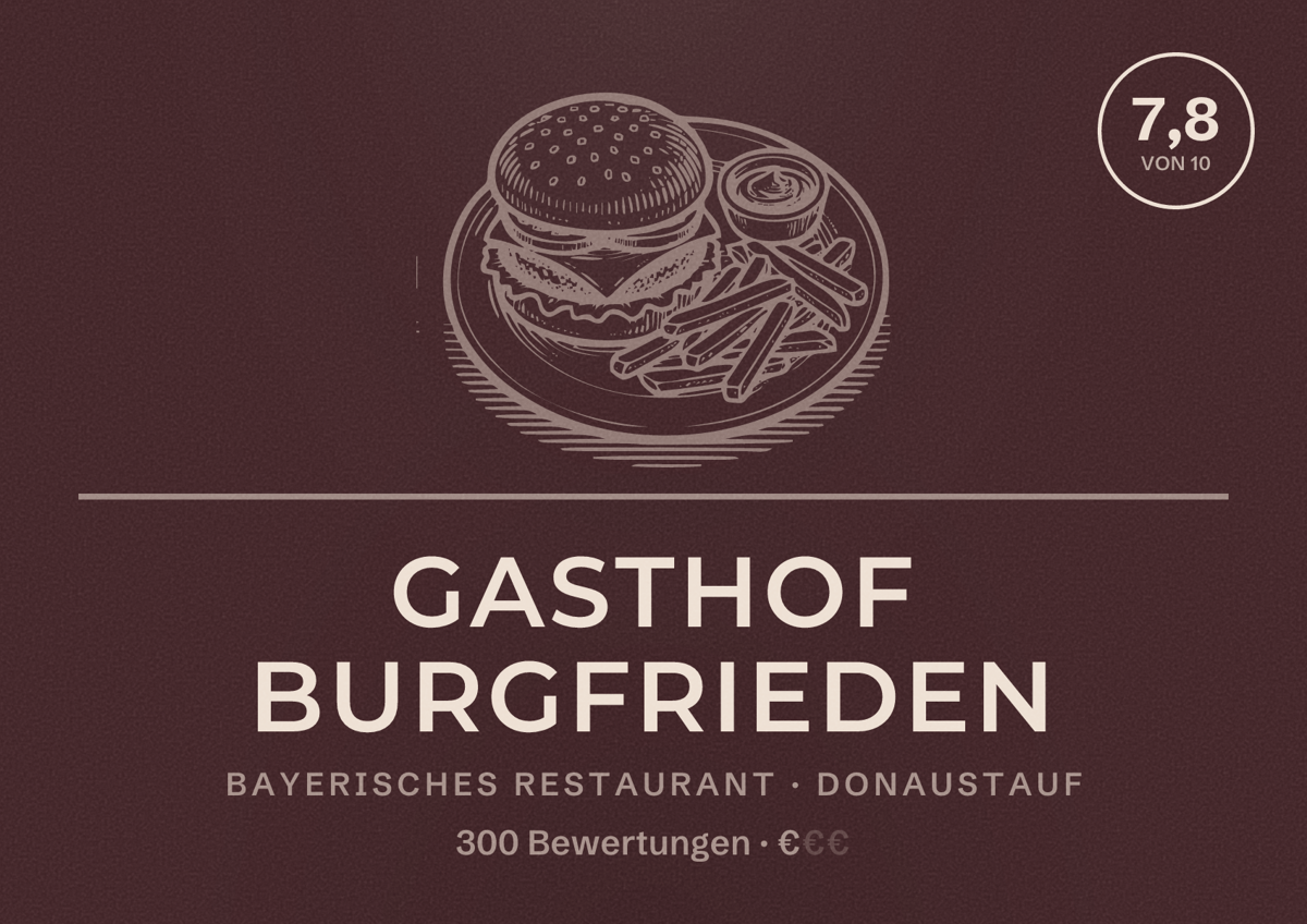 Illustriertes Poster von Gasthof Burgfrieden, Bayerisches Restaurant in Donaustauf: Bewertung 7,8 von 10 aus 300 Bewertungen, Preisniveau €