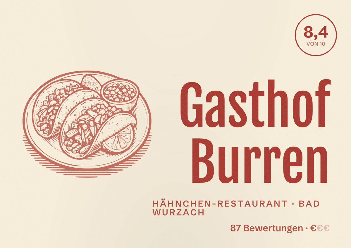 Illustriertes Poster von Gasthof Burren, Hähnchen-Restaurant in Bad Wurzach: Bewertung 8,4 von 10 aus 87 Bewertungen, Preisniveau €
