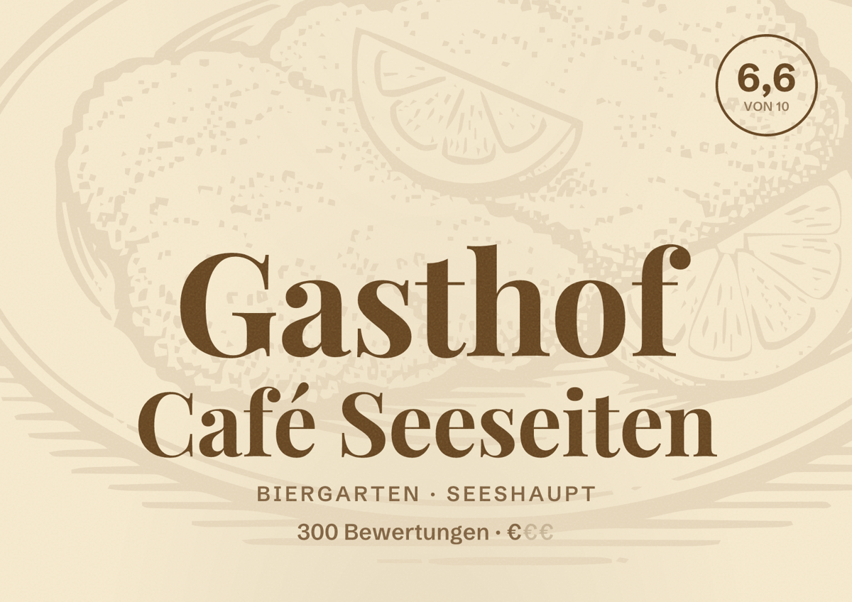 Illustriertes Poster von Gasthof Café Seeseiten, Biergarten in Seeshaupt: Bewertung 6,6 von 10 aus 300 Bewertungen, Preisniveau €