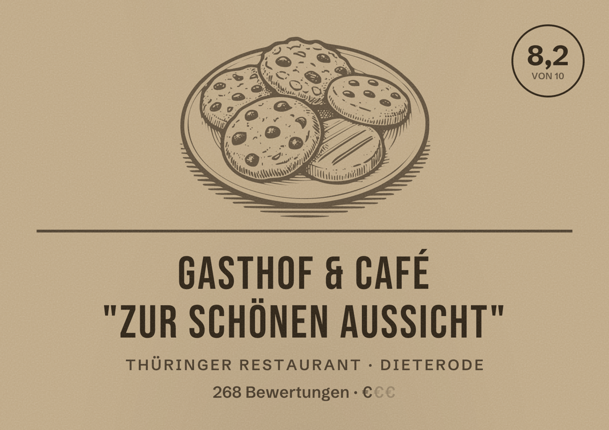 Illustriertes Poster von Gasthof & Café "Zur Schönen Aussicht", Thüringer Restaurant in Dieterode: Bewertung 8,2 von 10 aus 268 Bewertungen, Preisniveau €