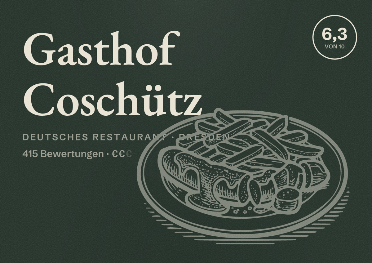 Illustriertes Poster von Gasthof Coschütz, Deutsches Restaurant in Dresden: Bewertung 6,3 von 10 aus 415 Bewertungen, Preisniveau €€