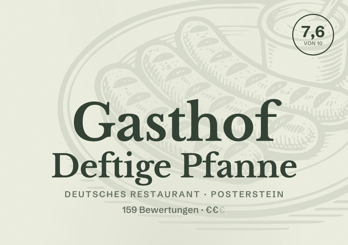 Illustriertes Poster von Gasthof Deftige Pfanne, Deutsches Restaurant in Posterstein: Bewertung 7,6 von 10 aus 159 Bewertungen, Preisniveau €€
