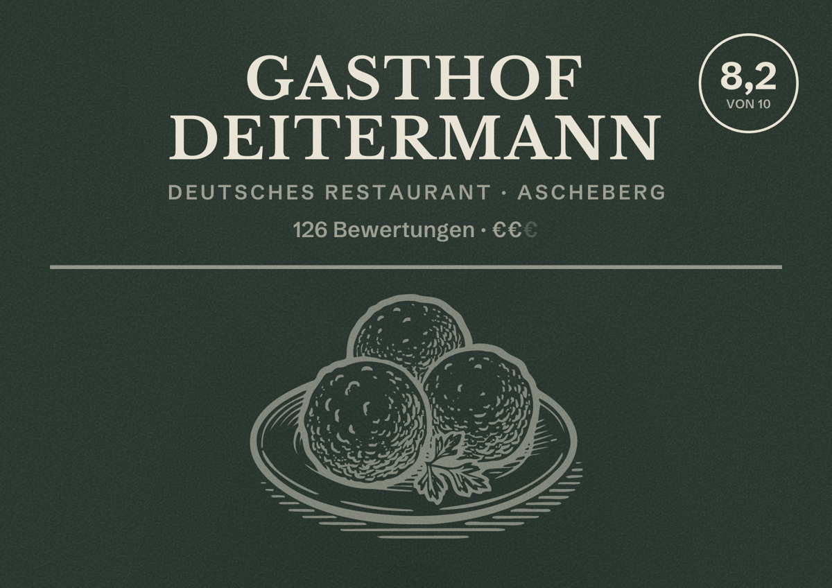 Illustriertes Poster von Gasthof Deitermann, Deutsches Restaurant in Ascheberg: Bewertung 8,2 von 10 aus 126 Bewertungen, Preisniveau €€