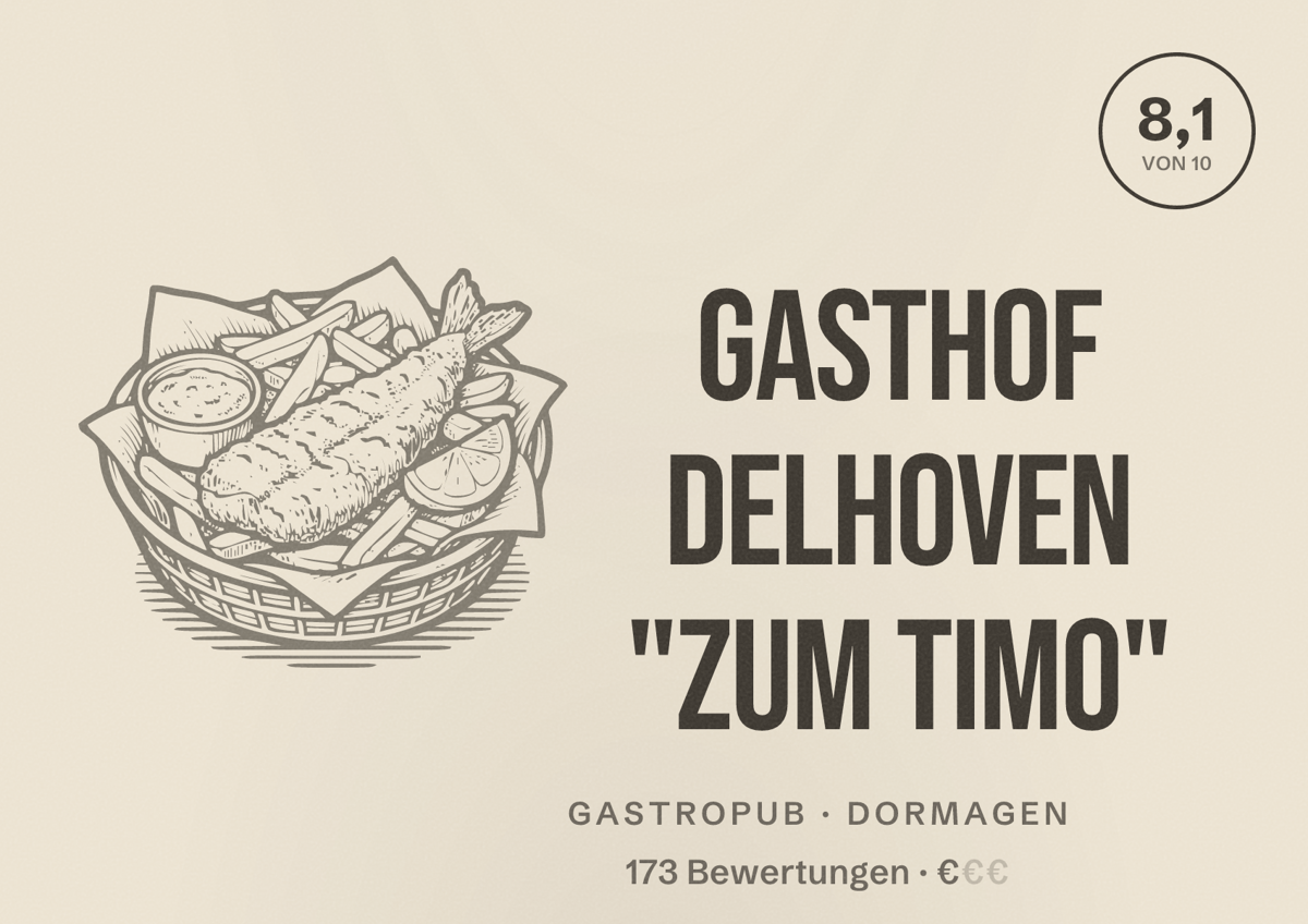 Illustriertes Poster von Gasthof Delhoven "zum Timo", Gastropub in Dormagen: Bewertung 8,1 von 10 aus 173 Bewertungen, Preisniveau €