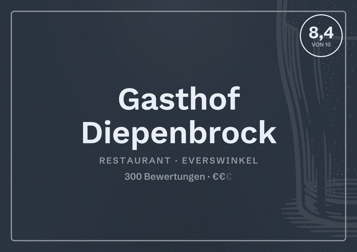 Illustriertes Poster von Gasthof Diepenbrock, Restaurant in Everswinkel: Bewertung 8,4 von 10 aus 300 Bewertungen, Preisniveau €€