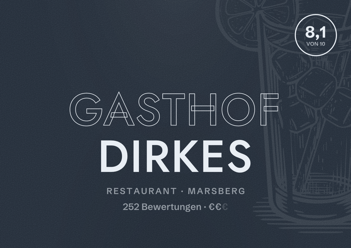 Illustriertes Poster von Gasthof Dirkes, Restaurant in Marsberg: Bewertung 8,1 von 10 aus 252 Bewertungen, Preisniveau €€
