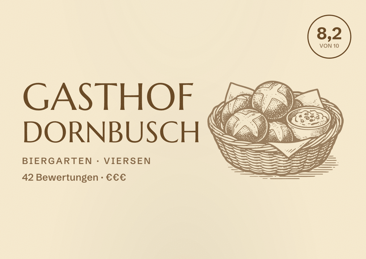 Illustriertes Poster von Gasthof Dornbusch, Biergarten in Viersen: Bewertung 8,2 von 10 aus 42 Bewertungen, Preisniveau €€€