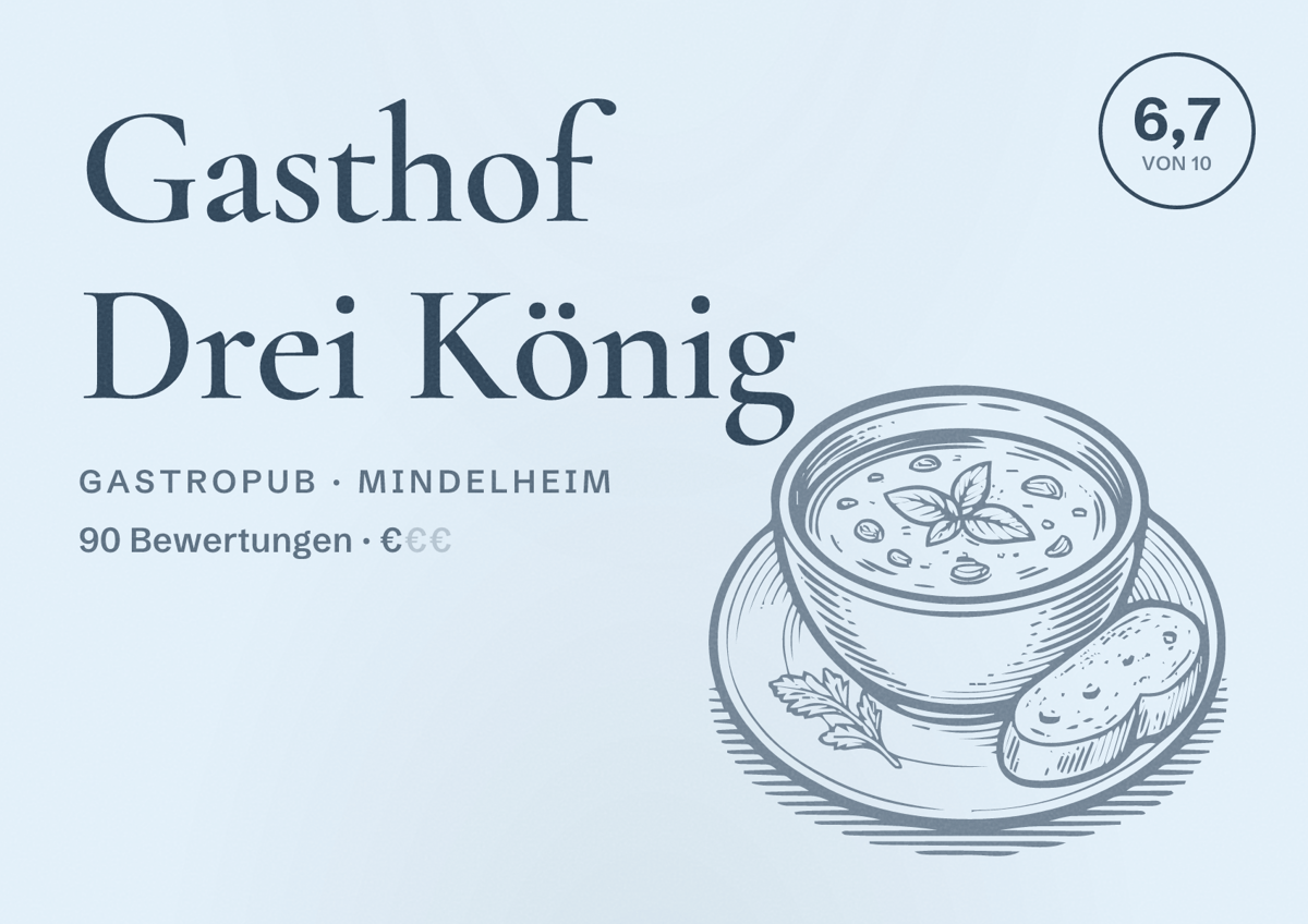 Illustriertes Poster von Gasthof Drei König, Gastropub in Mindelheim: Bewertung 6,7 von 10 aus 90 Bewertungen, Preisniveau €