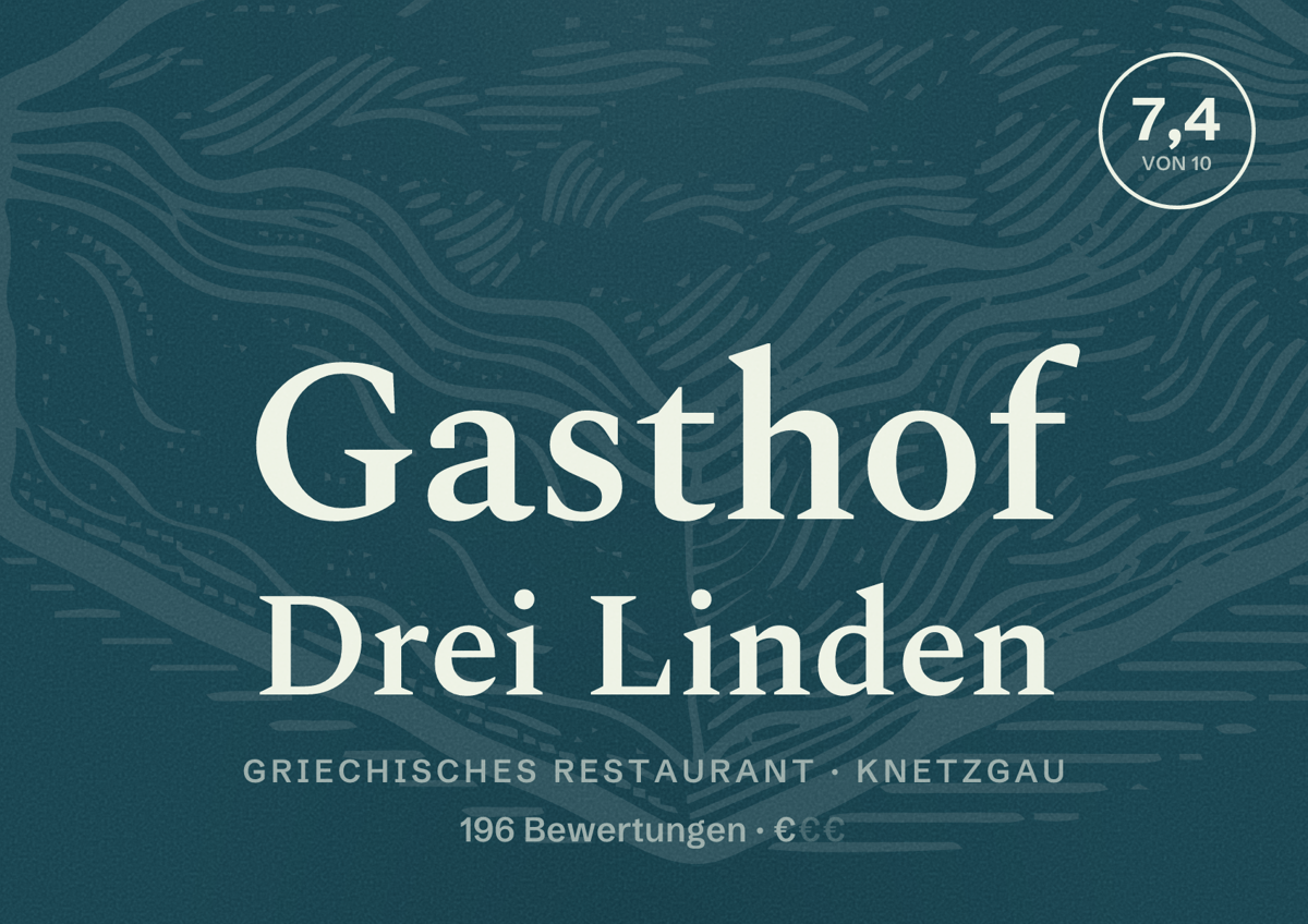 Illustriertes Poster von Gasthof Drei Linden, Griechisches Restaurant in Knetzgau: Bewertung 7,4 von 10 aus 196 Bewertungen, Preisniveau €
