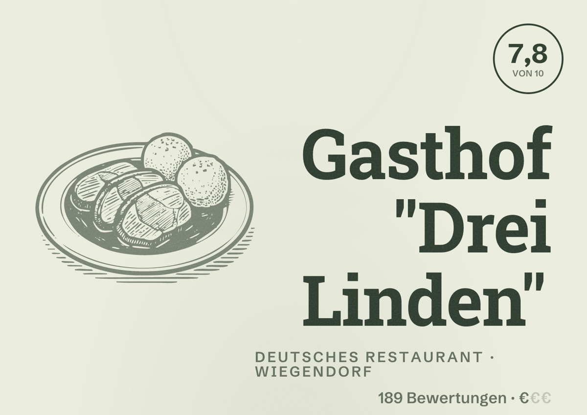 Illustriertes Poster von Gasthof "Drei Linden", Deutsches Restaurant in Wiegendorf: Bewertung 7,8 von 10 aus 189 Bewertungen, Preisniveau €