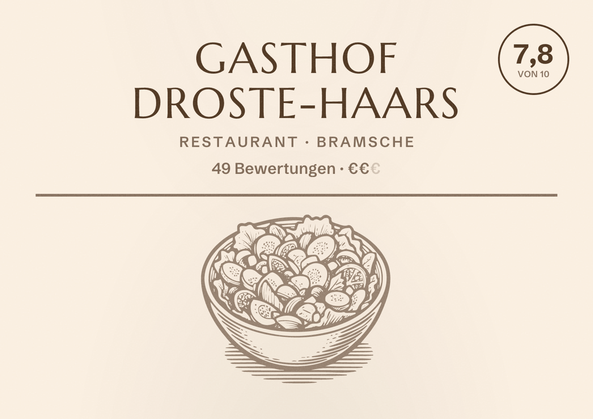 Illustriertes Poster von Gasthof Droste-Haars, Restaurant in Bramsche: Bewertung 7,8 von 10 aus 49 Bewertungen, Preisniveau €€