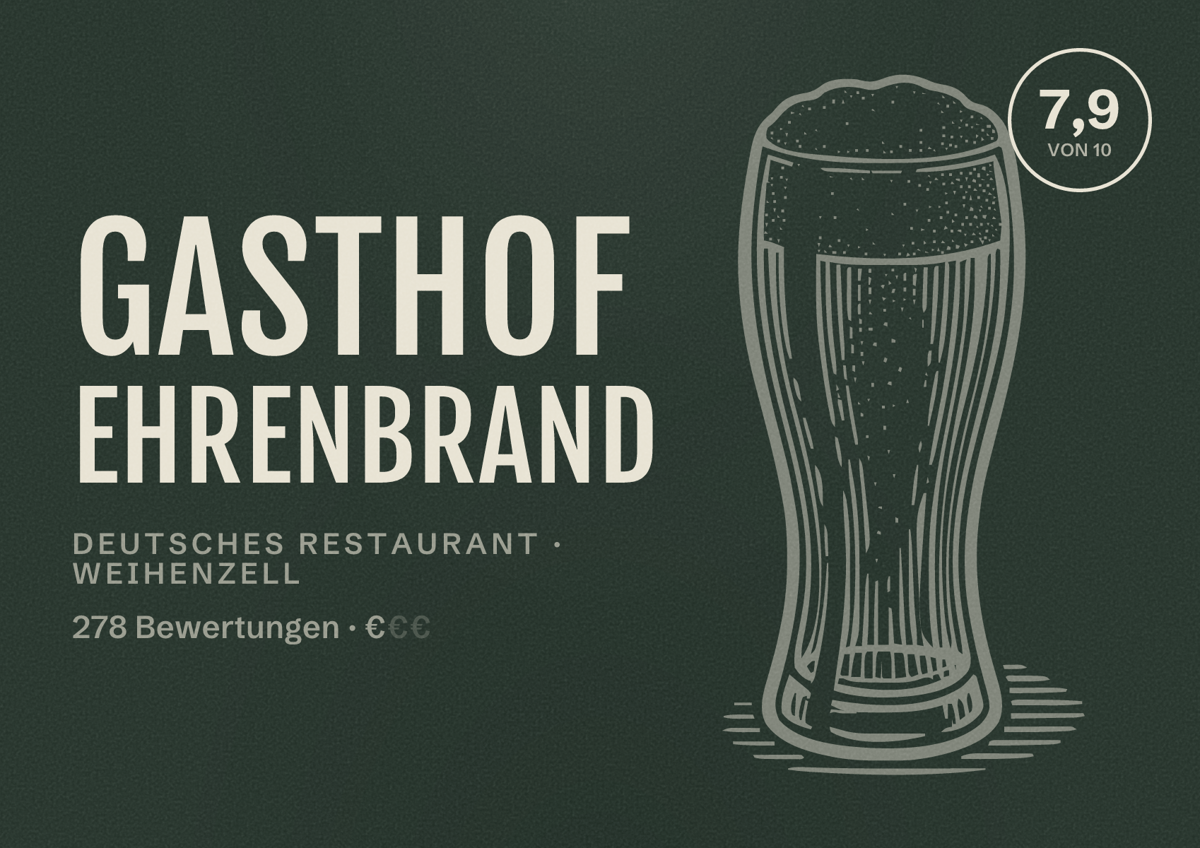 Illustriertes Poster von Gasthof Ehrenbrand, Deutsches Restaurant in Weihenzell: Bewertung 7,9 von 10 aus 278 Bewertungen, Preisniveau €