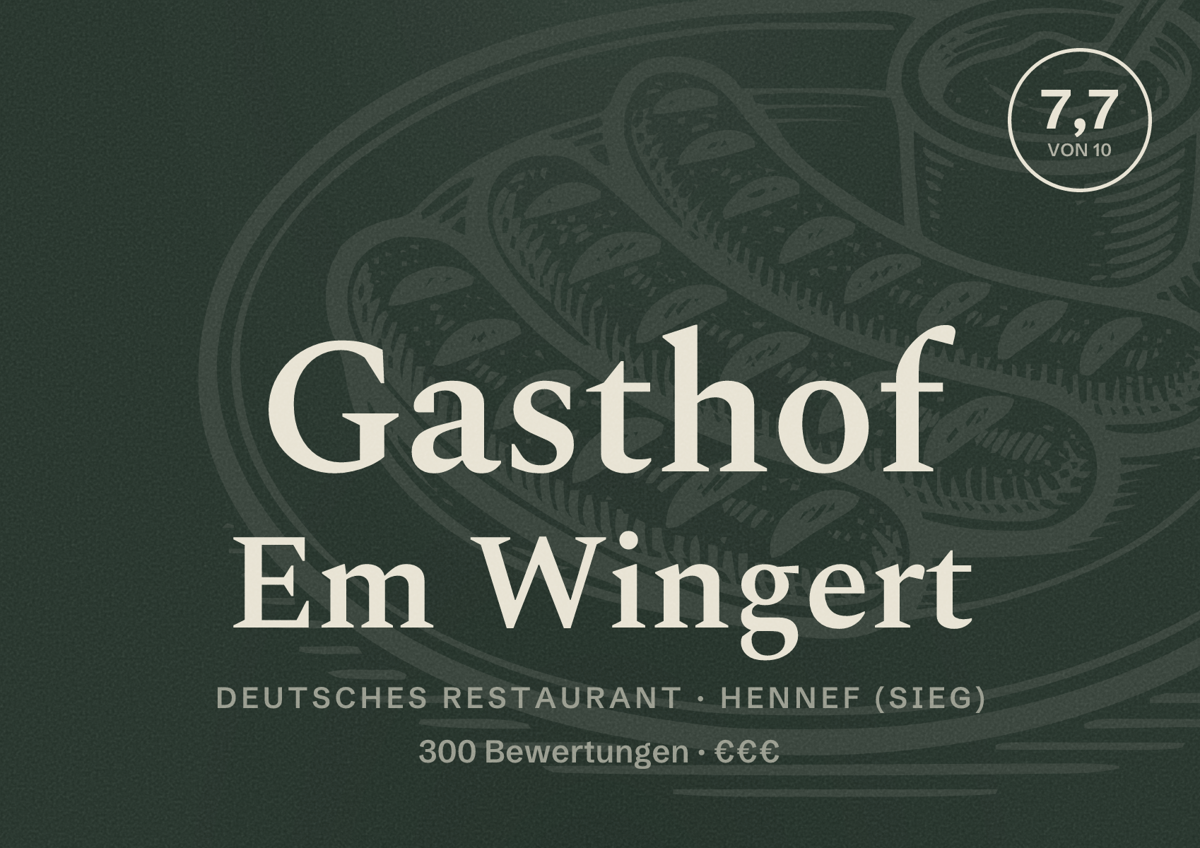 Illustriertes Poster von Gasthof Em Wingert, Deutsches Restaurant in Hennef (Sieg): Bewertung 7,7 von 10 aus 300 Bewertungen, Preisniveau €€€