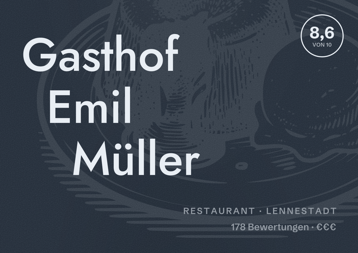 Illustriertes Poster von Gasthof Emil Müller, Restaurant in Lennestadt: Bewertung 8,6 von 10 aus 178 Bewertungen, Preisniveau €€€