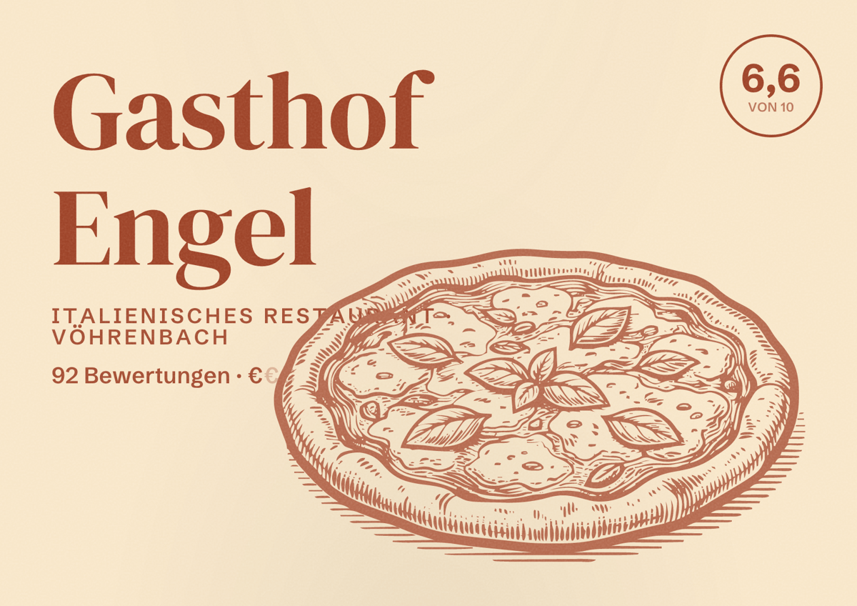 Illustriertes Poster von Gasthof Engel, Italienisches Restaurant in Vöhrenbach: Bewertung 6,6 von 10 aus 92 Bewertungen, Preisniveau €