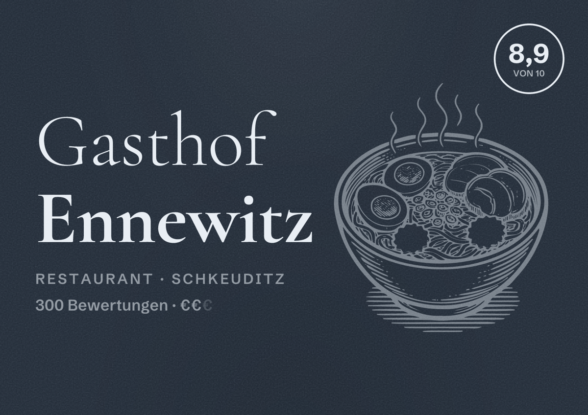 Illustriertes Poster von Gasthof Ennewitz, Restaurant in Schkeuditz: Bewertung 8,9 von 10 aus 300 Bewertungen, Preisniveau €€