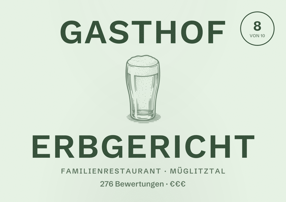Illustriertes Poster von Gasthof Erbgericht, Familienrestaurant in Müglitztal: Bewertung 8 von 10 aus 276 Bewertungen, Preisniveau €€€