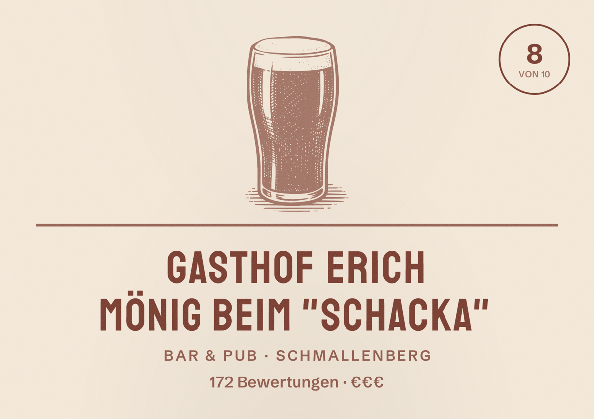Illustriertes Poster von Gasthof Erich Mönig beim "Schacka", Bar & Pub in Schmallenberg: Bewertung 8 von 10 aus 172 Bewertungen, Preisniveau €€€