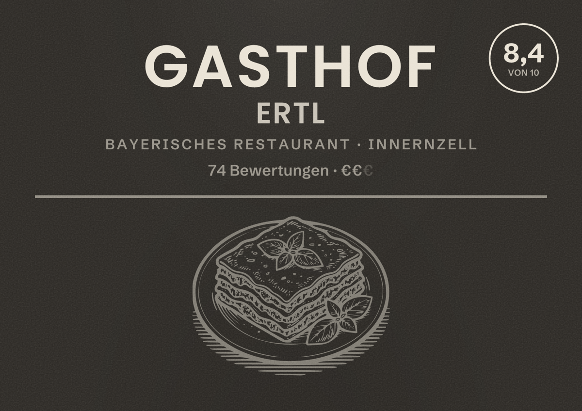 Illustriertes Poster von Gasthof ERTL, Bayerisches Restaurant in Innernzell: Bewertung 8,4 von 10 aus 74 Bewertungen, Preisniveau €€