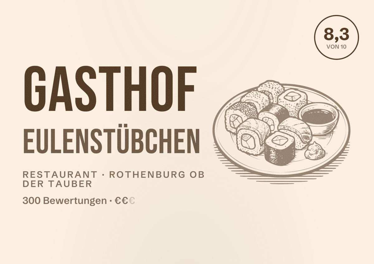 Illustriertes Poster von Gasthof Eulenstübchen, Restaurant in Rothenburg ob der Tauber: Bewertung 8,3 von 10 aus 300 Bewertungen, Preisniveau €€