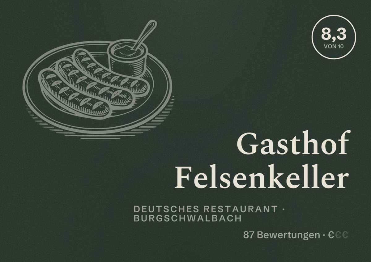 Illustriertes Poster von Gasthof Felsenkeller, Deutsches Restaurant in Burgschwalbach: Bewertung 8,3 von 10 aus 87 Bewertungen, Preisniveau €