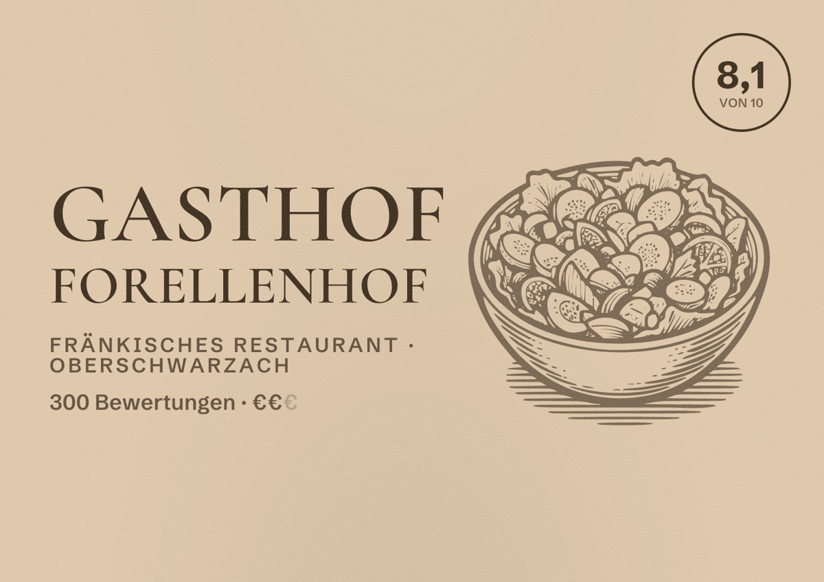 Illustriertes Poster von Gasthof Forellenhof, Fränkisches Restaurant in Oberschwarzach: Bewertung 8,1 von 10 aus 300 Bewertungen, Preisniveau €€
