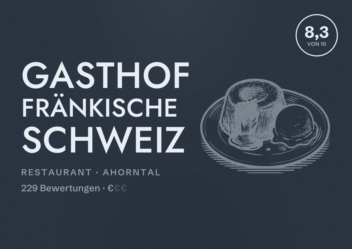 Illustriertes Poster von Gasthof Fränkische Schweiz, Restaurant in Ahorntal: Bewertung 8,3 von 10 aus 229 Bewertungen, Preisniveau €