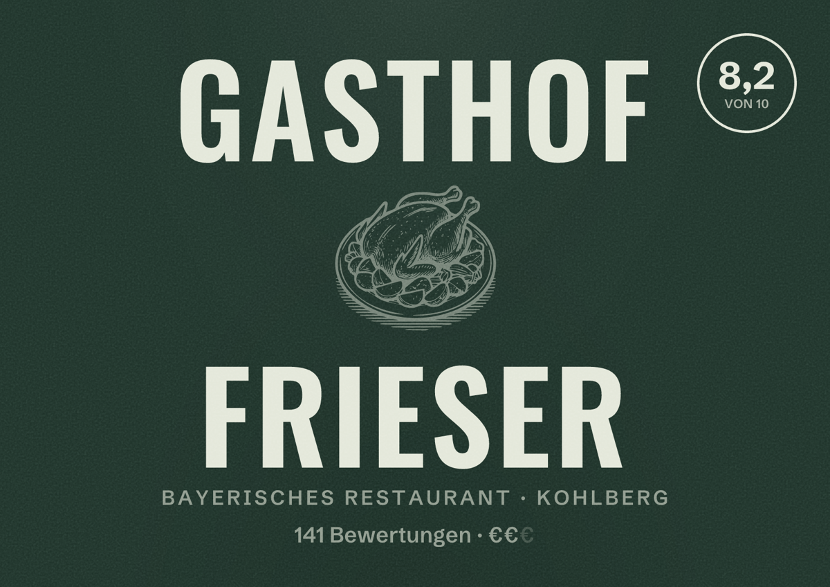 Illustriertes Poster von Gasthof Frieser, Bayerisches Restaurant in Kohlberg: Bewertung 8,2 von 10 aus 141 Bewertungen, Preisniveau €€