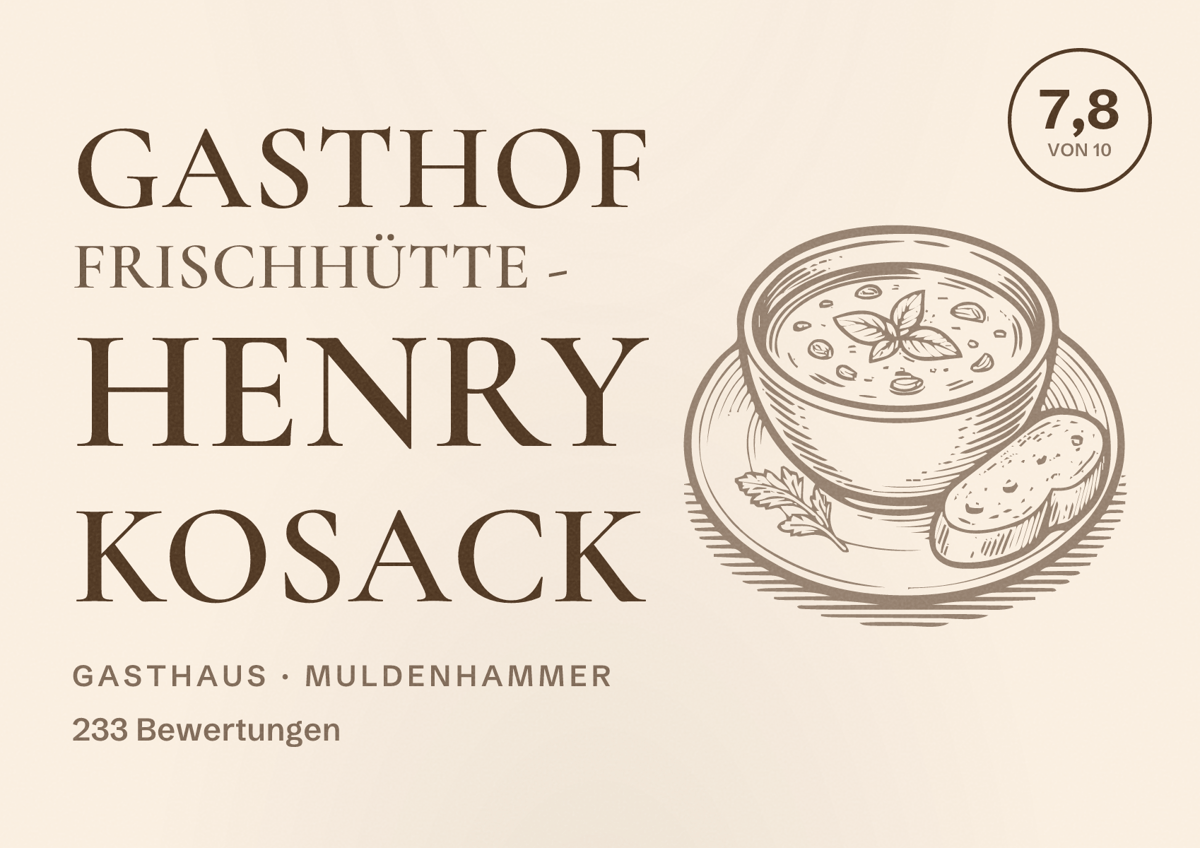 Illustriertes Poster von Gasthof Frischhütte - Henry Kosack, Gasthaus in Muldenhammer: Bewertung 7,8 von 10 aus 233 Bewertungen