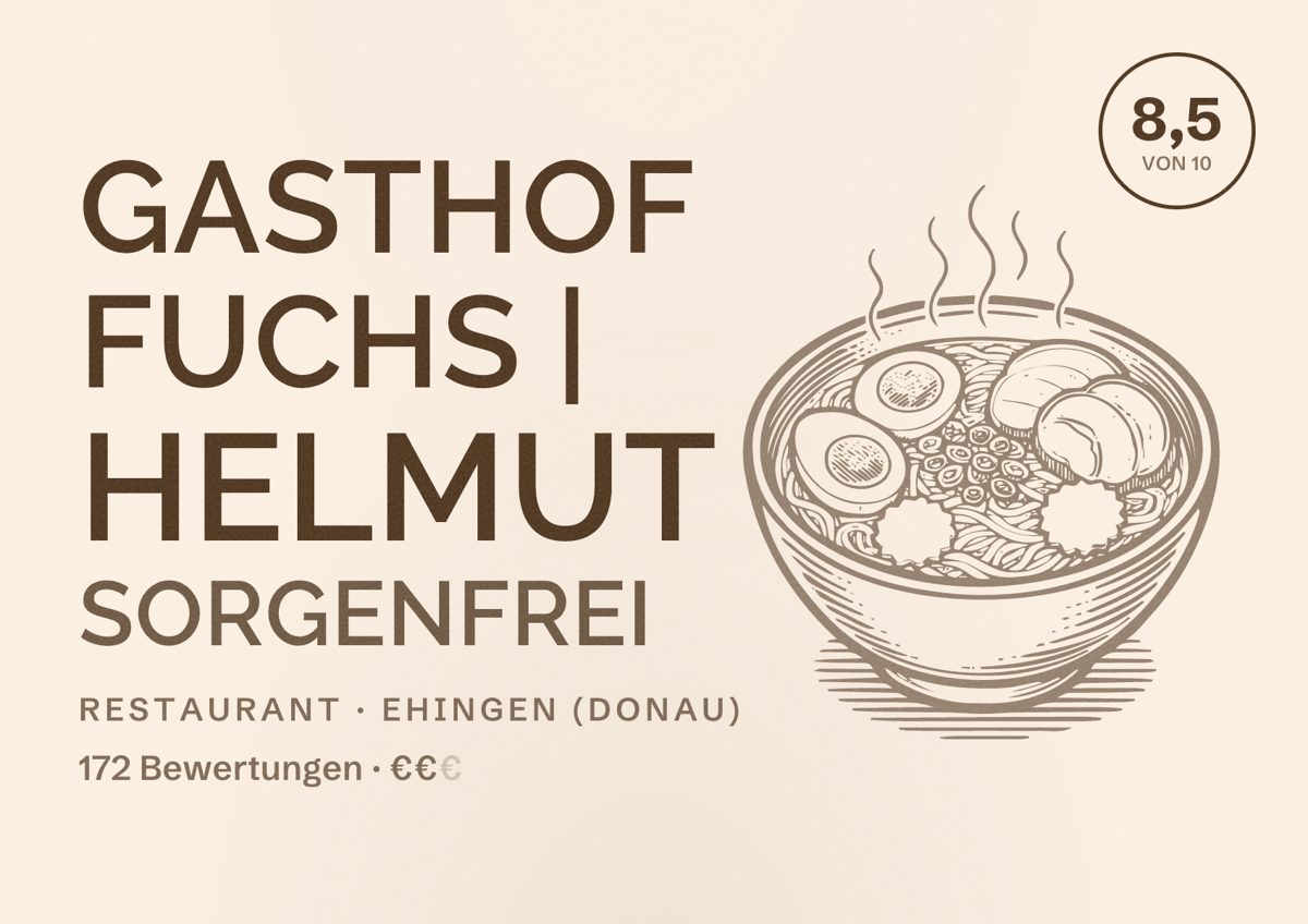 Illustriertes Poster von Gasthof Fuchs | Helmut Sorgenfrei, Restaurant in Ehingen (Donau): Bewertung 8,5 von 10 aus 172 Bewertungen, Preisniveau €€