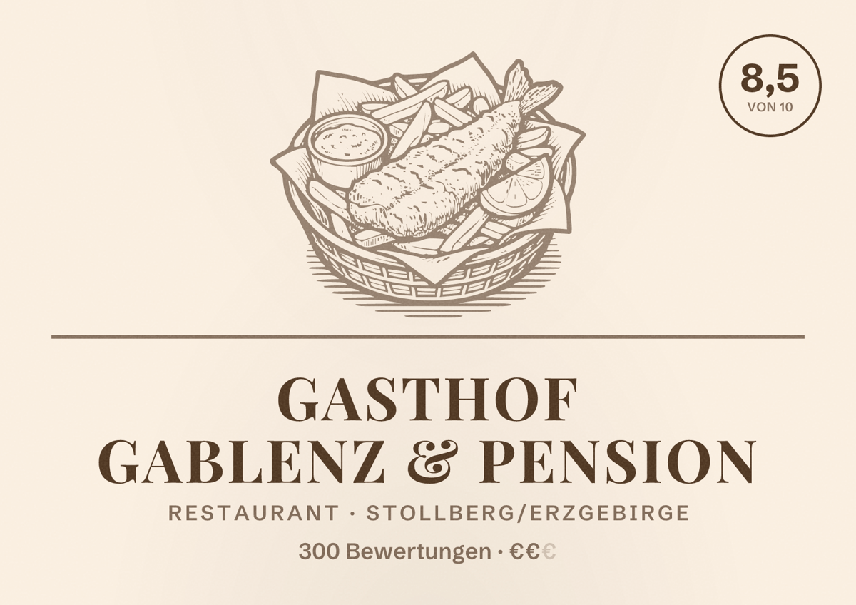 Illustriertes Poster von Gasthof Gablenz & Pension, Restaurant in Stollberg/Erzgebirge: Bewertung 8,5 von 10 aus 300 Bewertungen, Preisniveau €€