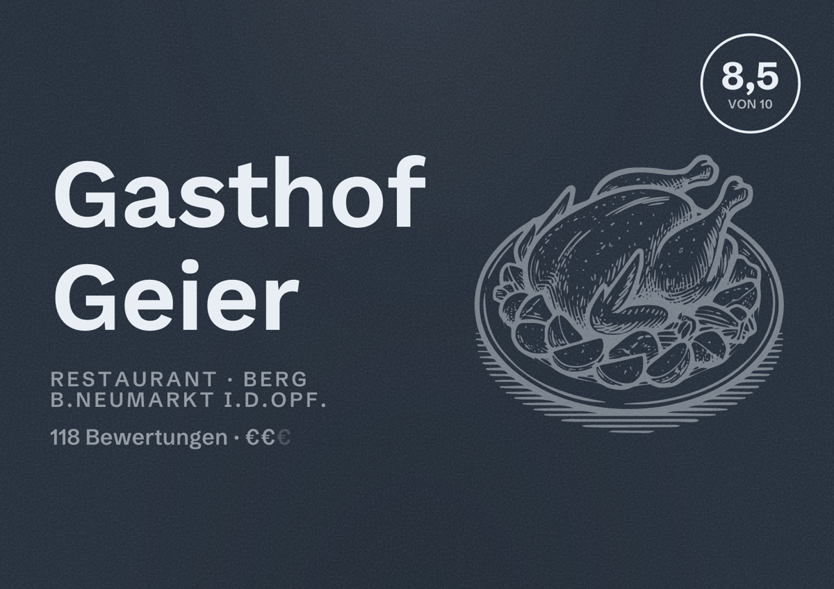 Illustriertes Poster von Gasthof Geier, Restaurant in Berg b.Neumarkt i.d.OPf.: Bewertung 8,5 von 10 aus 118 Bewertungen, Preisniveau €€