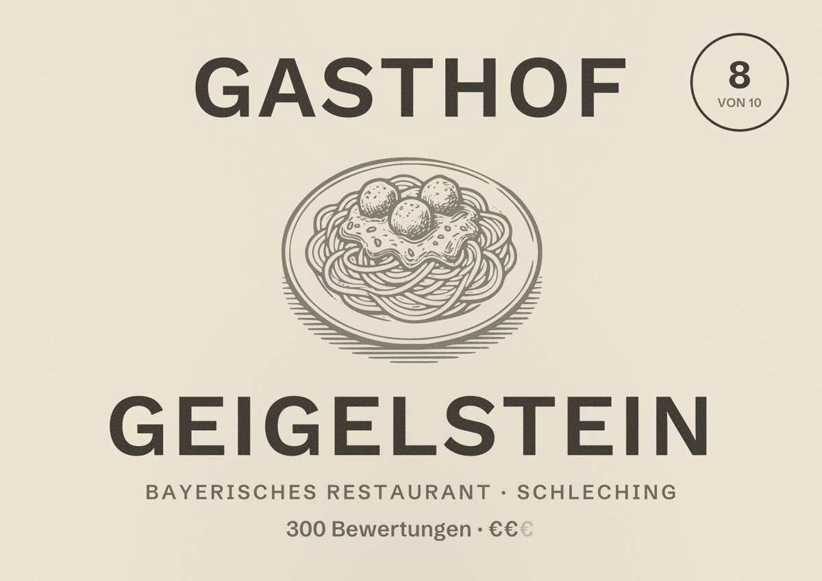 Illustriertes Poster von Gasthof Geigelstein, Bayerisches Restaurant in Schleching: Bewertung 8 von 10 aus 300 Bewertungen, Preisniveau €€