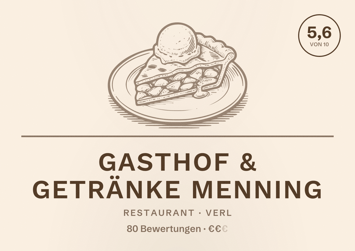 Illustriertes Poster von Gasthof & Getränke Menning, Restaurant in Verl: Bewertung 5,6 von 10 aus 80 Bewertungen, Preisniveau €€