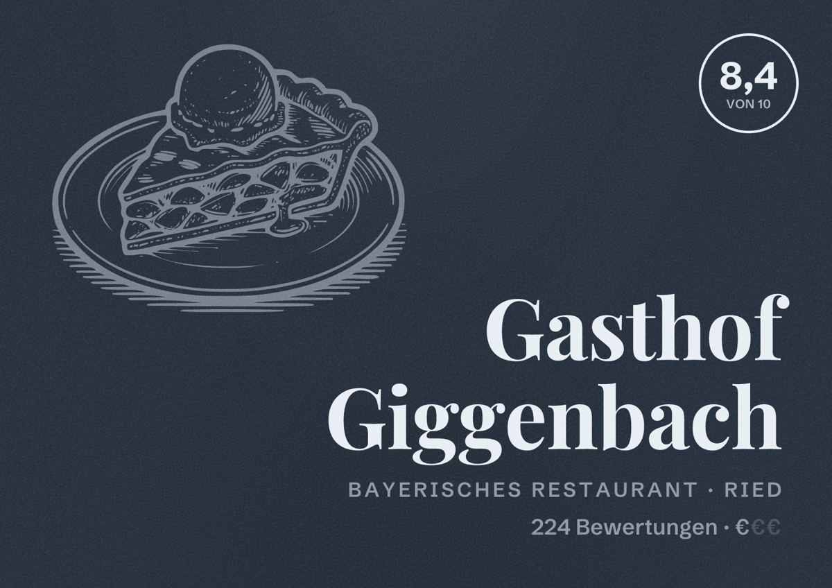 Illustriertes Poster von Gasthof Giggenbach, Bayerisches Restaurant in Ried: Bewertung 8,4 von 10 aus 224 Bewertungen, Preisniveau €