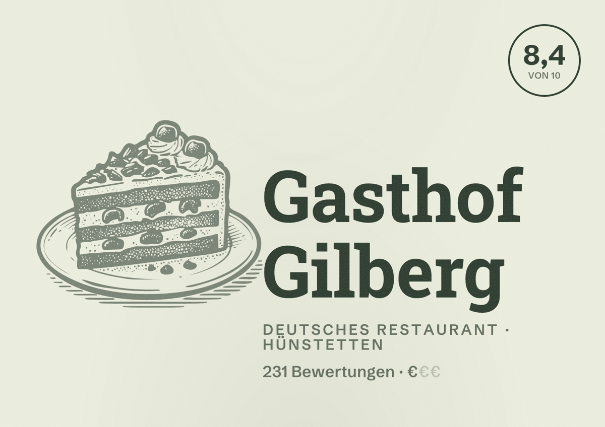 Illustriertes Poster von Gasthof Gilberg, Deutsches Restaurant in Hünstetten: Bewertung 8,4 von 10 aus 231 Bewertungen, Preisniveau €