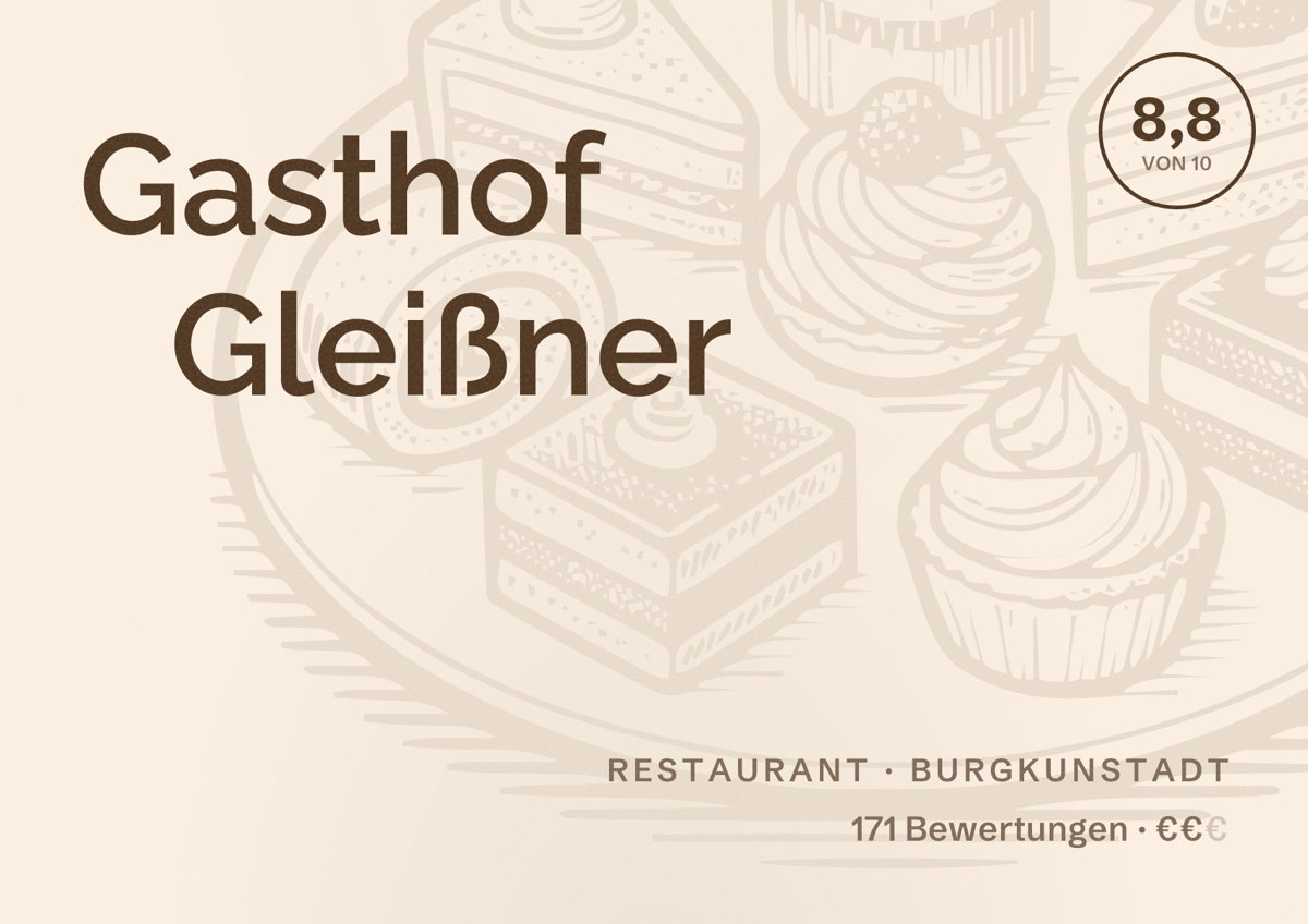 Illustriertes Poster von Gasthof Gleißner, Restaurant in Burgkunstadt: Bewertung 8,8 von 10 aus 171 Bewertungen, Preisniveau €€