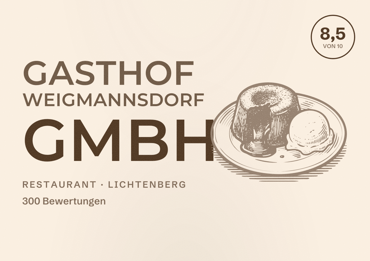 Illustriertes Poster von Gasthof Weigmannsdorf GmbH, Restaurant in Lichtenberg: Bewertung 8,5 von 10 aus 300 Bewertungen
