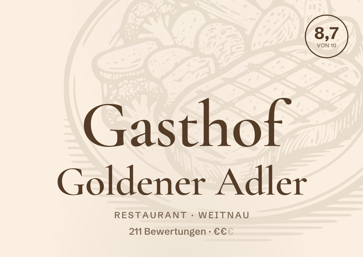 Illustriertes Poster von Gasthof Goldener Adler, Restaurant in Weitnau: Bewertung 8,7 von 10 aus 211 Bewertungen, Preisniveau €€