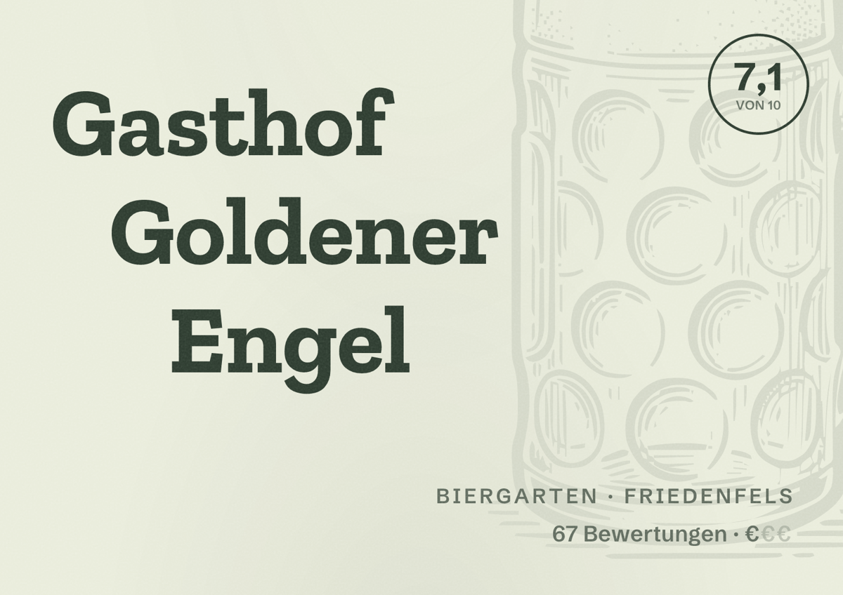 Illustriertes Poster von Gasthof Goldener Engel, Biergarten in Friedenfels: Bewertung 7,1 von 10 aus 67 Bewertungen, Preisniveau €
