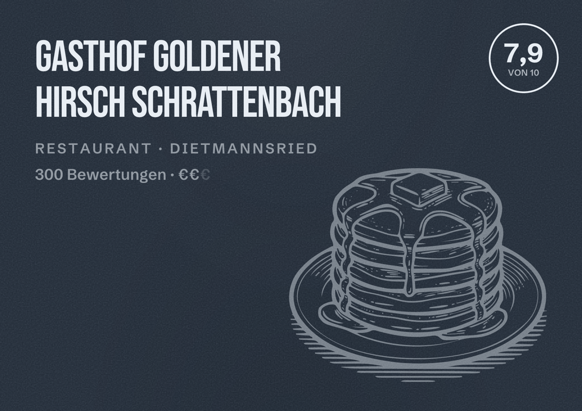 Illustriertes Poster von Gasthof Goldener Hirsch Schrattenbach, Restaurant in Dietmannsried: Bewertung 7,9 von 10 aus 300 Bewertungen, Preisniveau €€