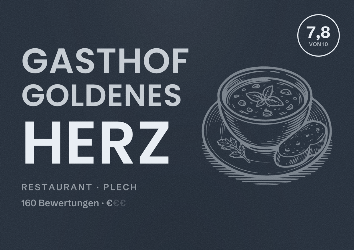 Illustriertes Poster von Gasthof Goldenes Herz, Restaurant in Plech: Bewertung 7,8 von 10 aus 160 Bewertungen, Preisniveau €
