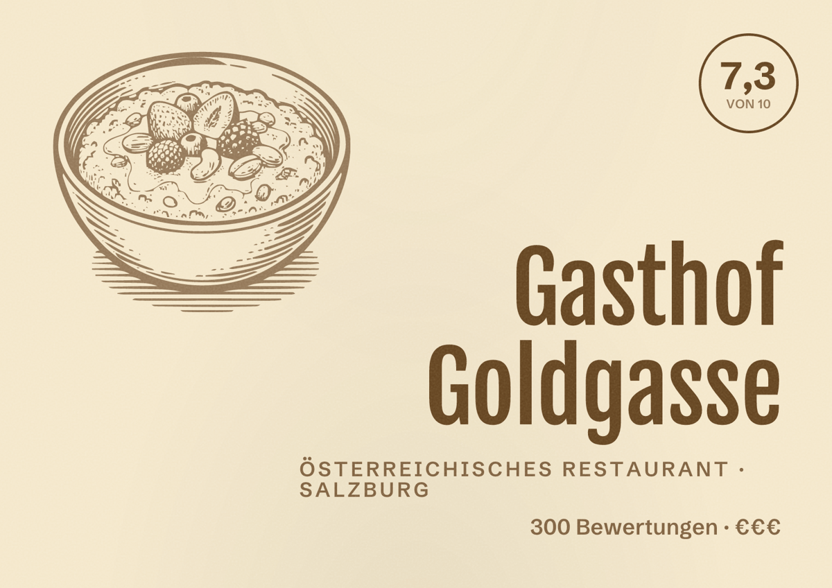 Illustriertes Poster von Gasthof Goldgasse, Österreichisches Restaurant in Salzburg: Bewertung 7,3 von 10 aus 300 Bewertungen, Preisniveau €€€