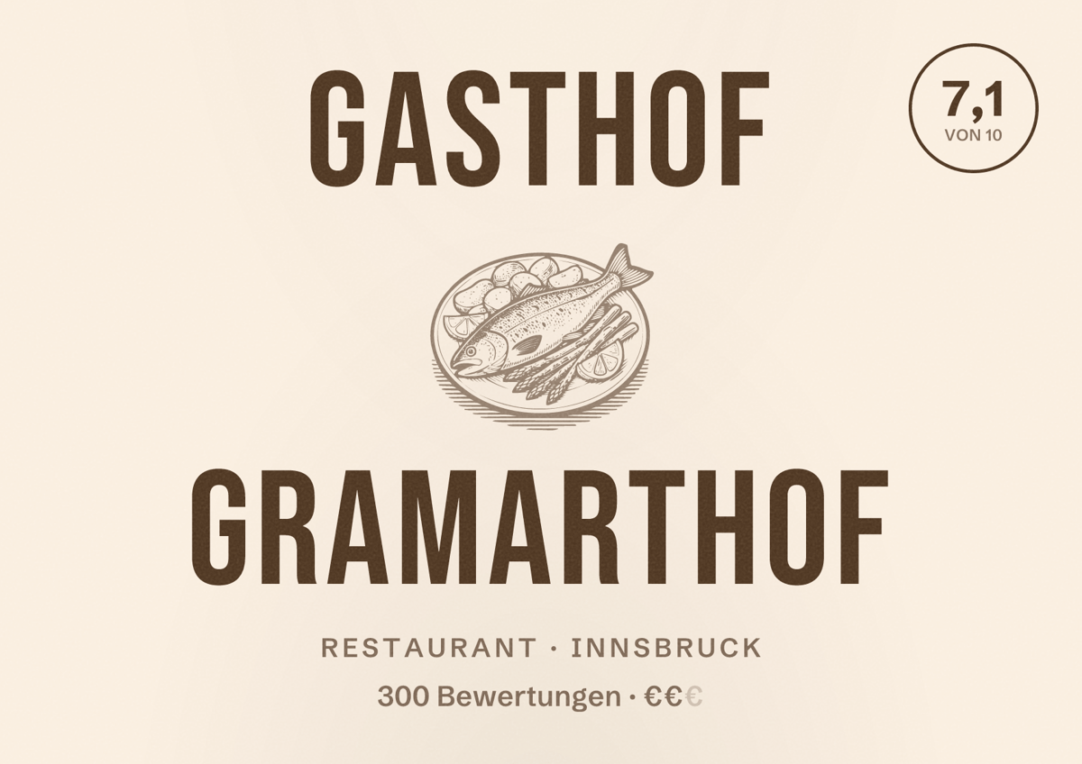 Illustriertes Poster von Gasthof Gramarthof, Restaurant in Innsbruck: Bewertung 7,1 von 10 aus 300 Bewertungen, Preisniveau €€