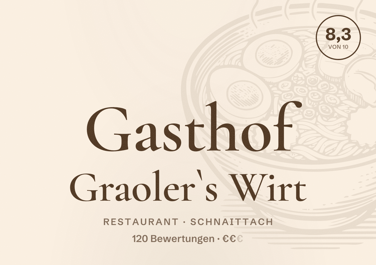Illustriertes Poster von Gasthof Graoler`s Wirt, Restaurant in Schnaittach: Bewertung 8,3 von 10 aus 120 Bewertungen, Preisniveau €€